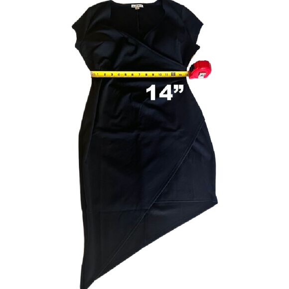 BLACK BODYCON ASYMMETRICAL RUCHED DRESS SURPLICE NECKLINE SIZE LARGE - Picture 5 of 8